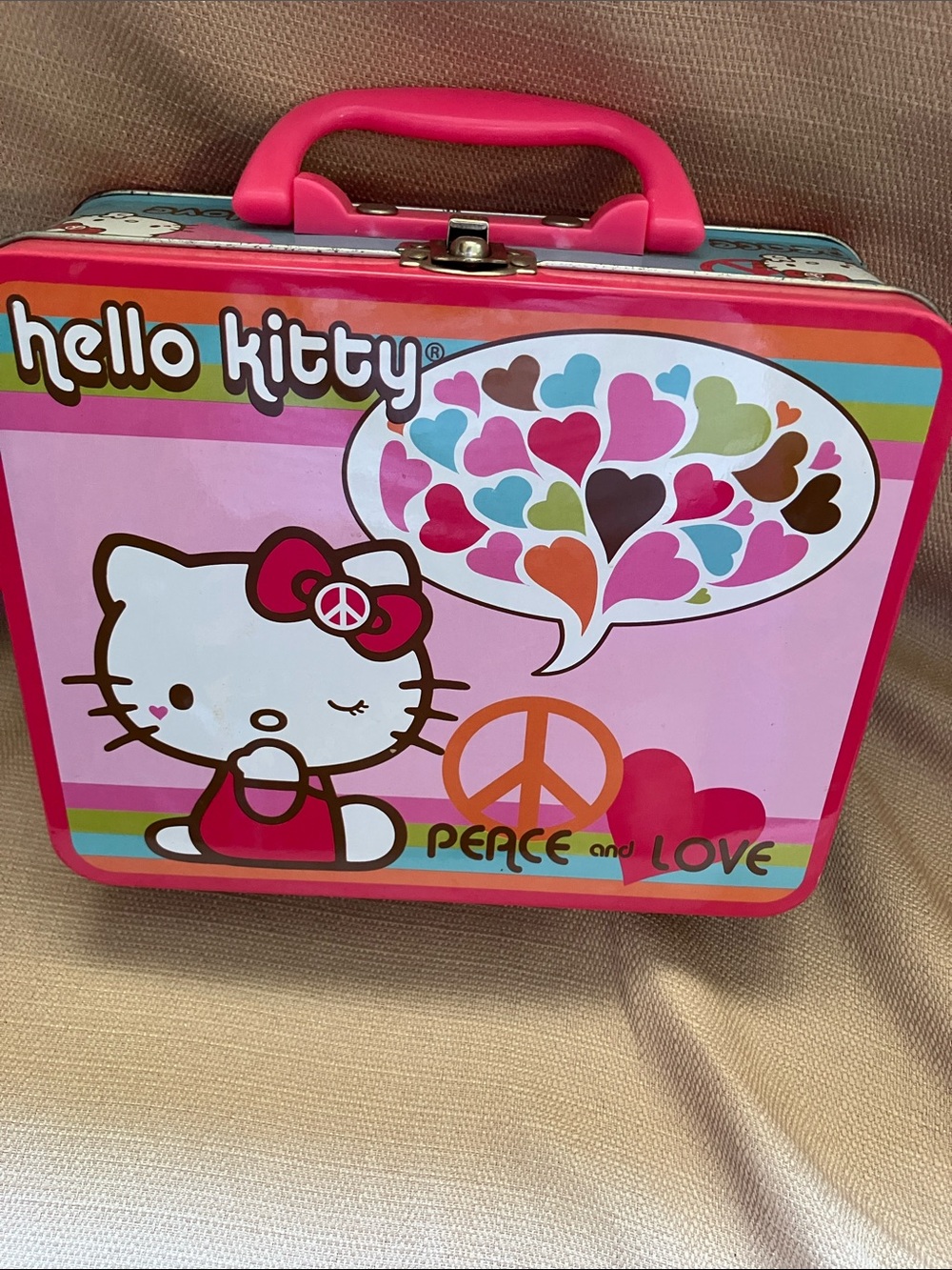 Hello Kitty Pink Puzzle Multicolor Heart Peace Tin Lunch Box